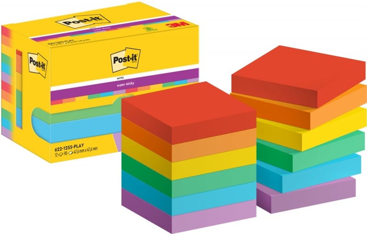 Noter POST-IT Super Sticky, 47,6x47,6mm, 12x90 kort, Legesyg palet 1 PA