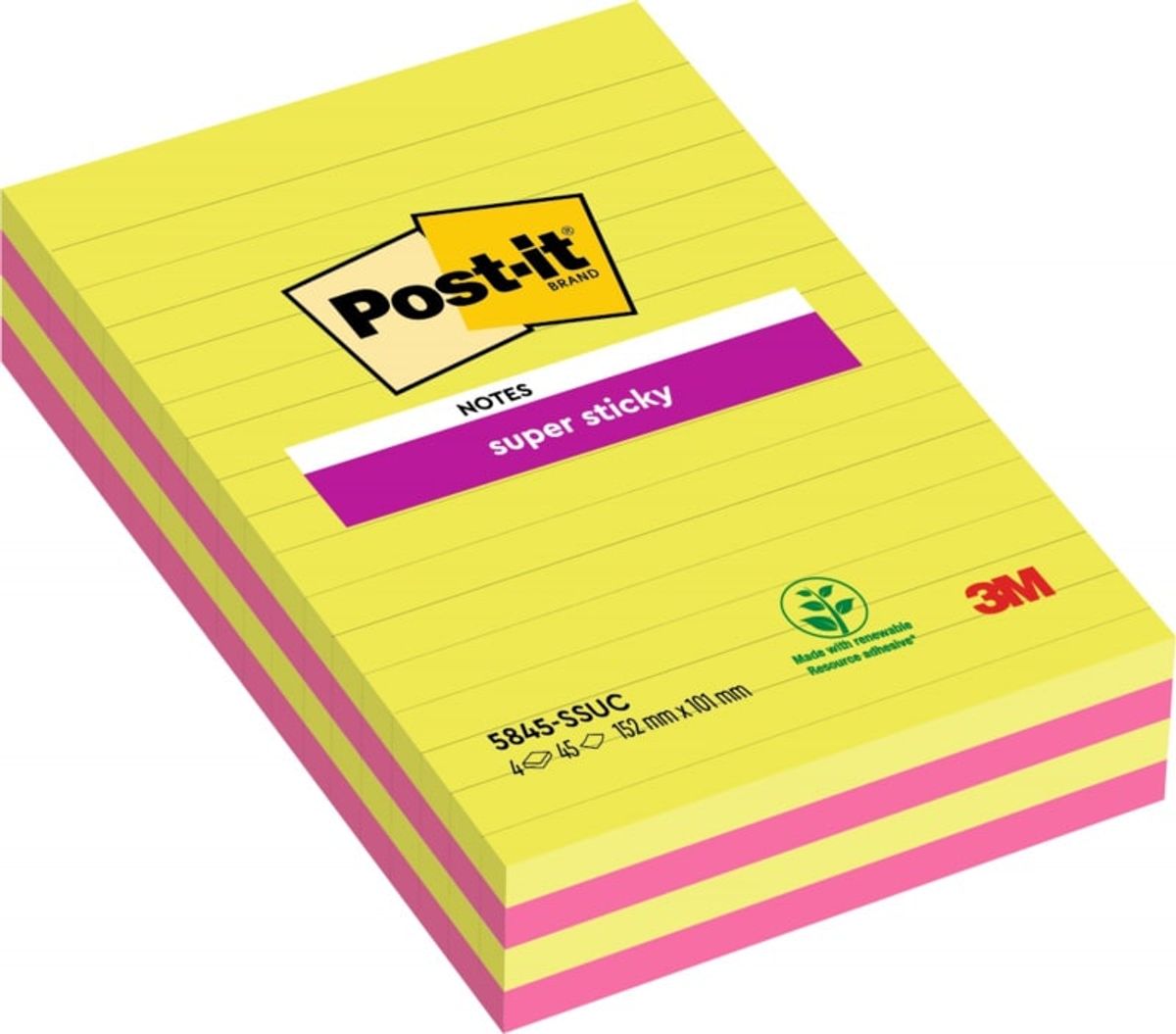 Noter stor POST-IT® Super Sticky, 127x203mm, 4x45 kort, i linjer, blandet farver.