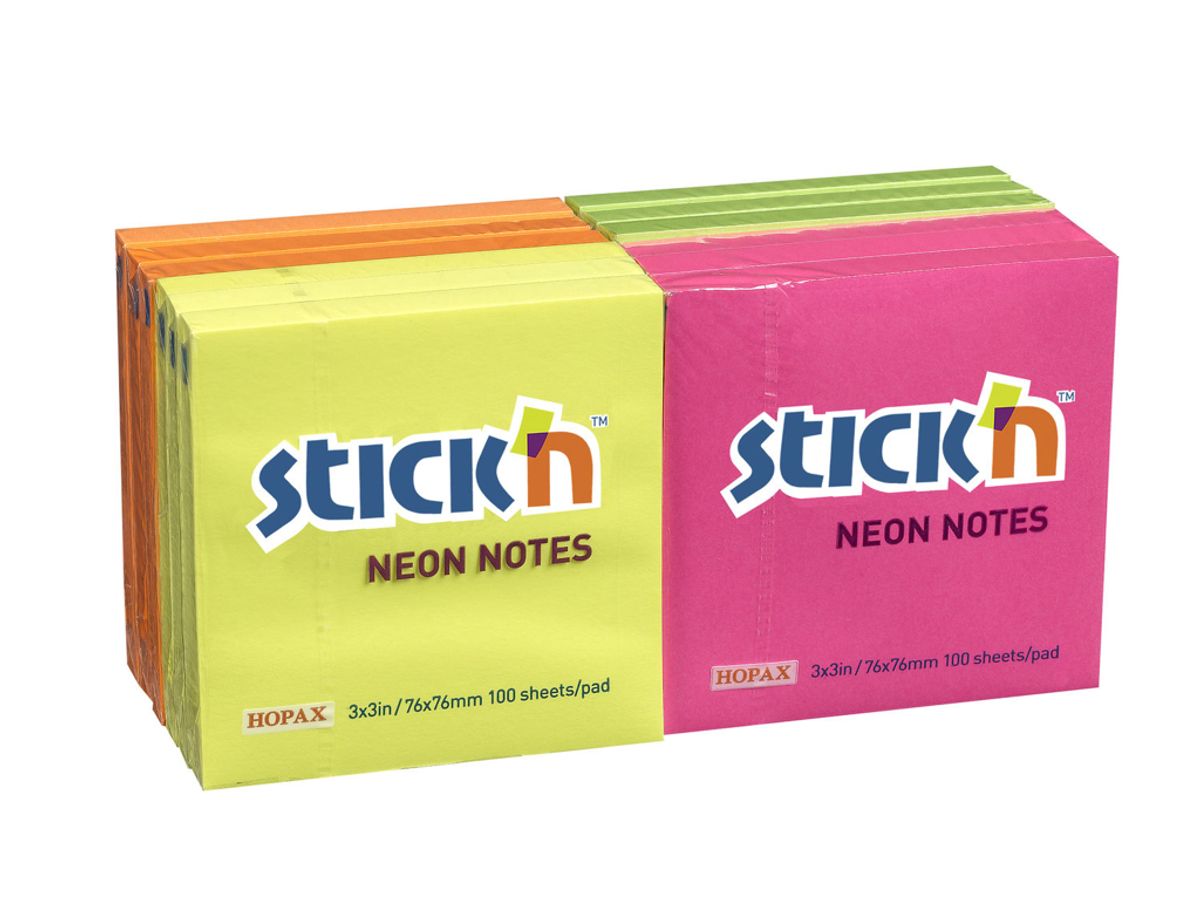 Notes Stick`N 76x76 mm Neon gul, blå,Magenta, Grøn 12 stk