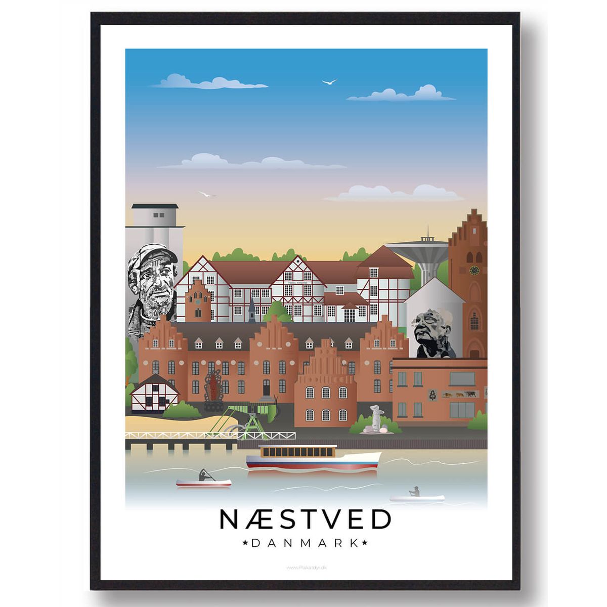 Næstved byplakat med hvid kant (RESTPARTI) (Størrelse: XL - 70x100cm)