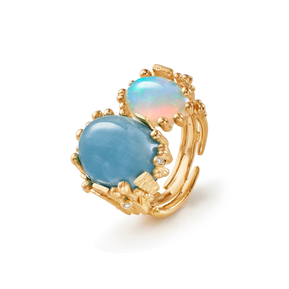 OLE LYNGGAARD COPENHAGEN - BoHo ring, akvamarin og opal 18 kt. guld