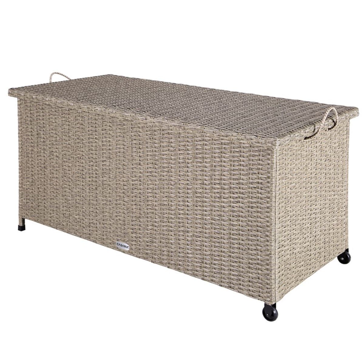 Opbevaringsboks 122x56x61 cm polyrattan vandtæt rullebar 2 gastrykfjedre, grå beige