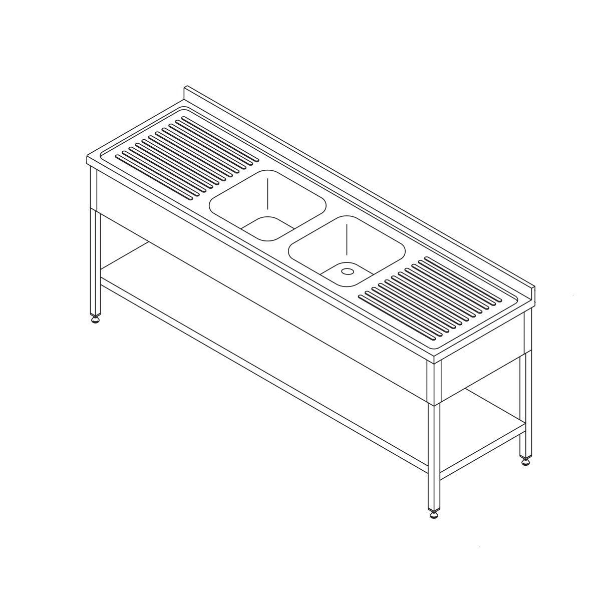 Opvaskemaskinebord - 190 x 70 cm - med 2 håndvaske og bagplade - inkl opbevaringshylde