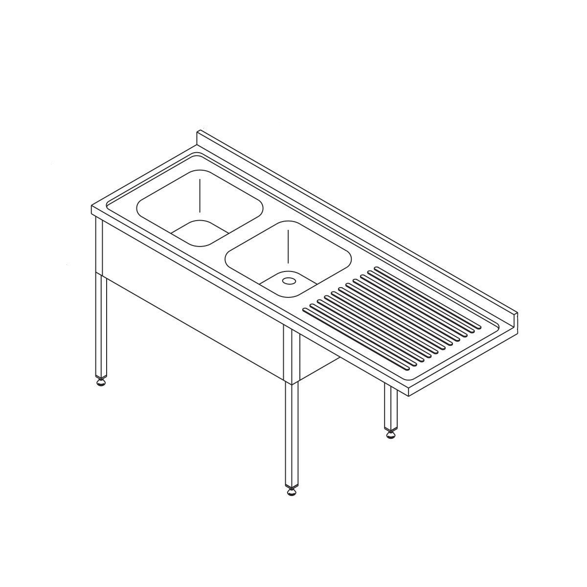 Opvaskemaskinebord - 200 x 70 cm - venstre - med 2 håndvaske og bagplade - inkl opbevaringshylde