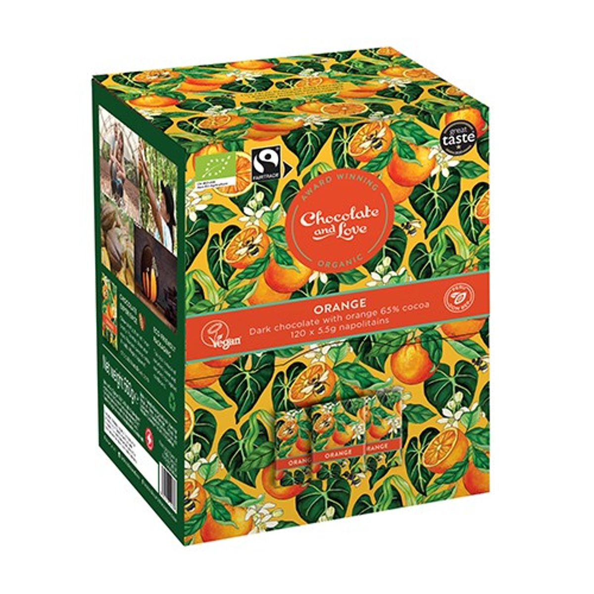 Orange Dispenser box, 120 x 5.5g chokolader. Økologisk Mørk chokolade - 660 gram - Chocolate and Love