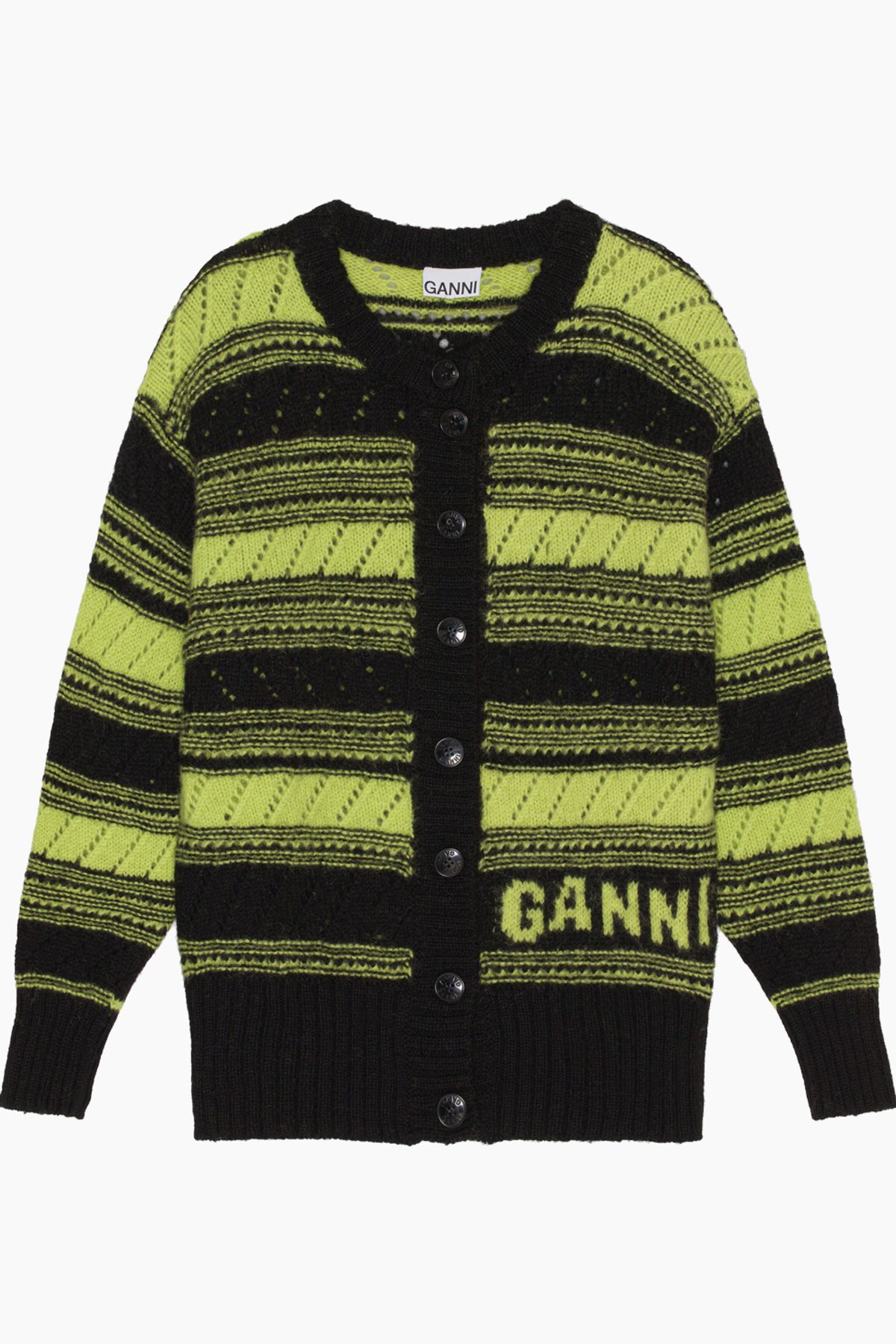 Organic Wool Cardigan Striped K1892 - Black - GANNI - Sort L