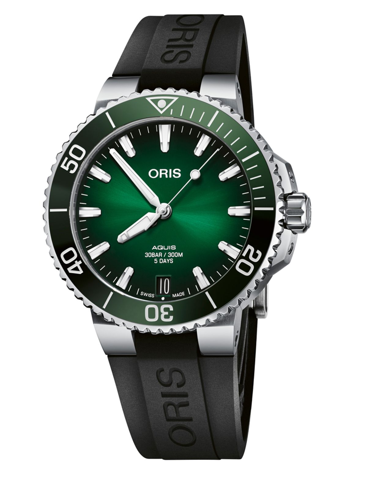 Oris Aquis Date armbåndsur, grøn urskive med sort gummirem, Cal. 400 Ø 41,5