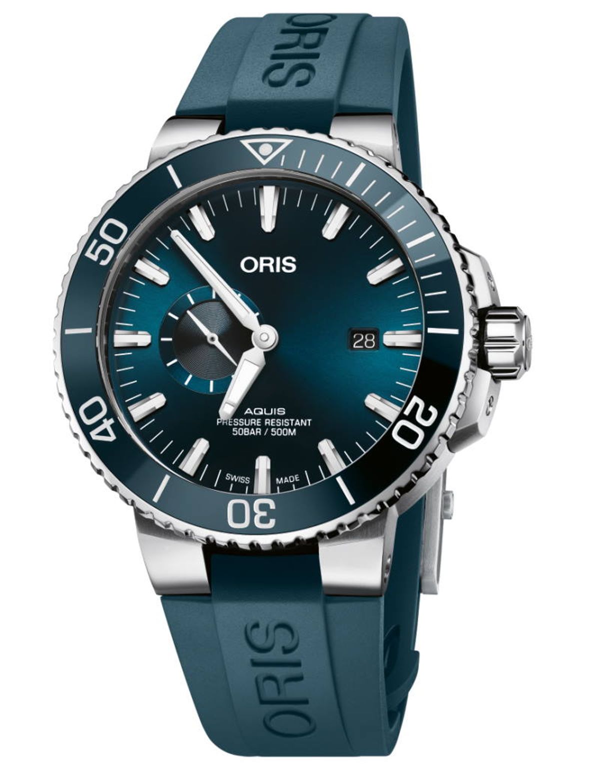 Oris Aquis Small Second Date automatik armbåndsur med blå skive Ø45