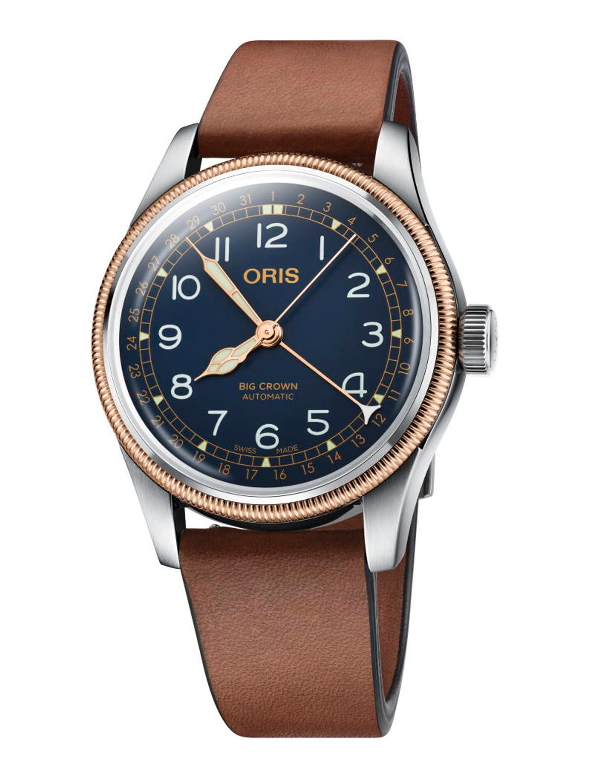 ORIS Big Crown Pointer Day armbåndsur, blå skive med mørkebrun læderrem -40 mm