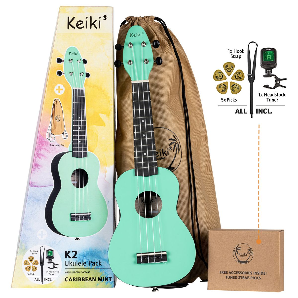 Ortega Keiki K2-CBM Sopran Ukulele Pack - Caribbean Mint