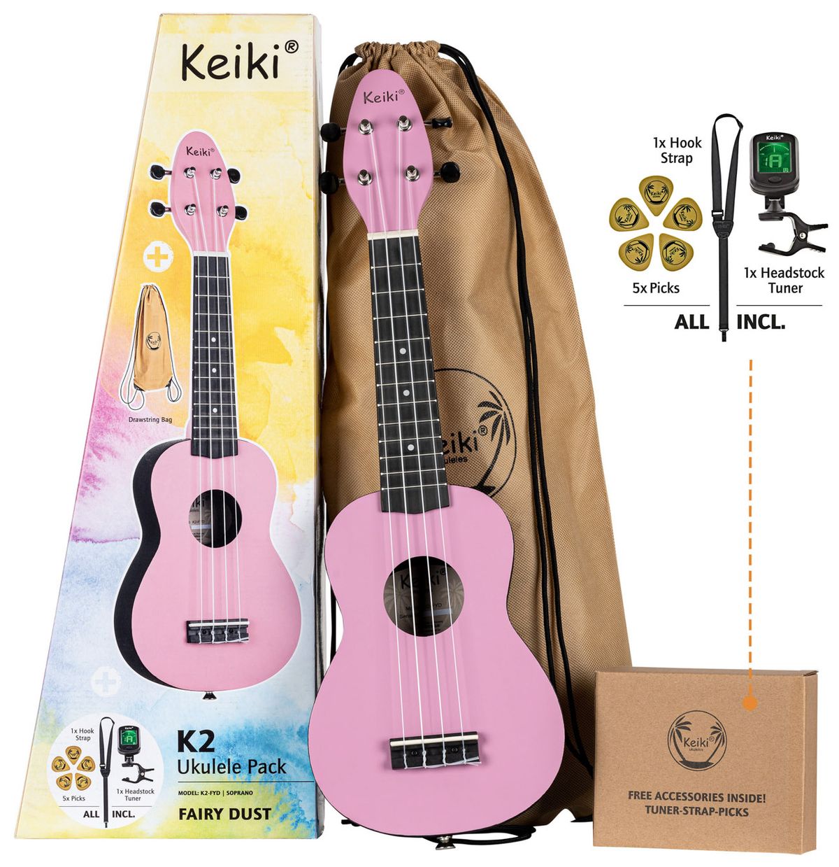 Ortega Keiki K2-FYD Sopran Ukulele Pack - Fairy Dust