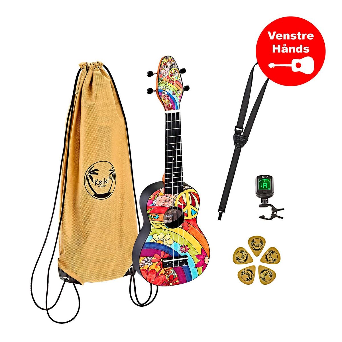 Ortega Keiki K2 "Peace 68" Sopran Ukulele Pack - Venstrehånds