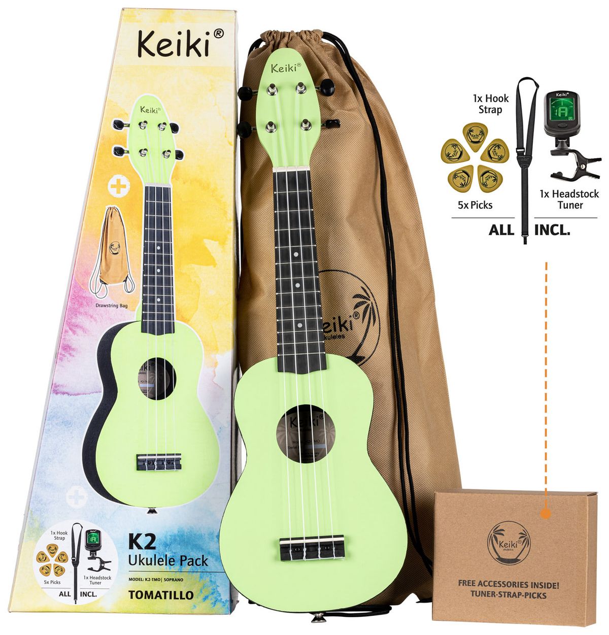 Ortega Keiki K2-TMO Sopran Ukulele Pack - Tomatillo