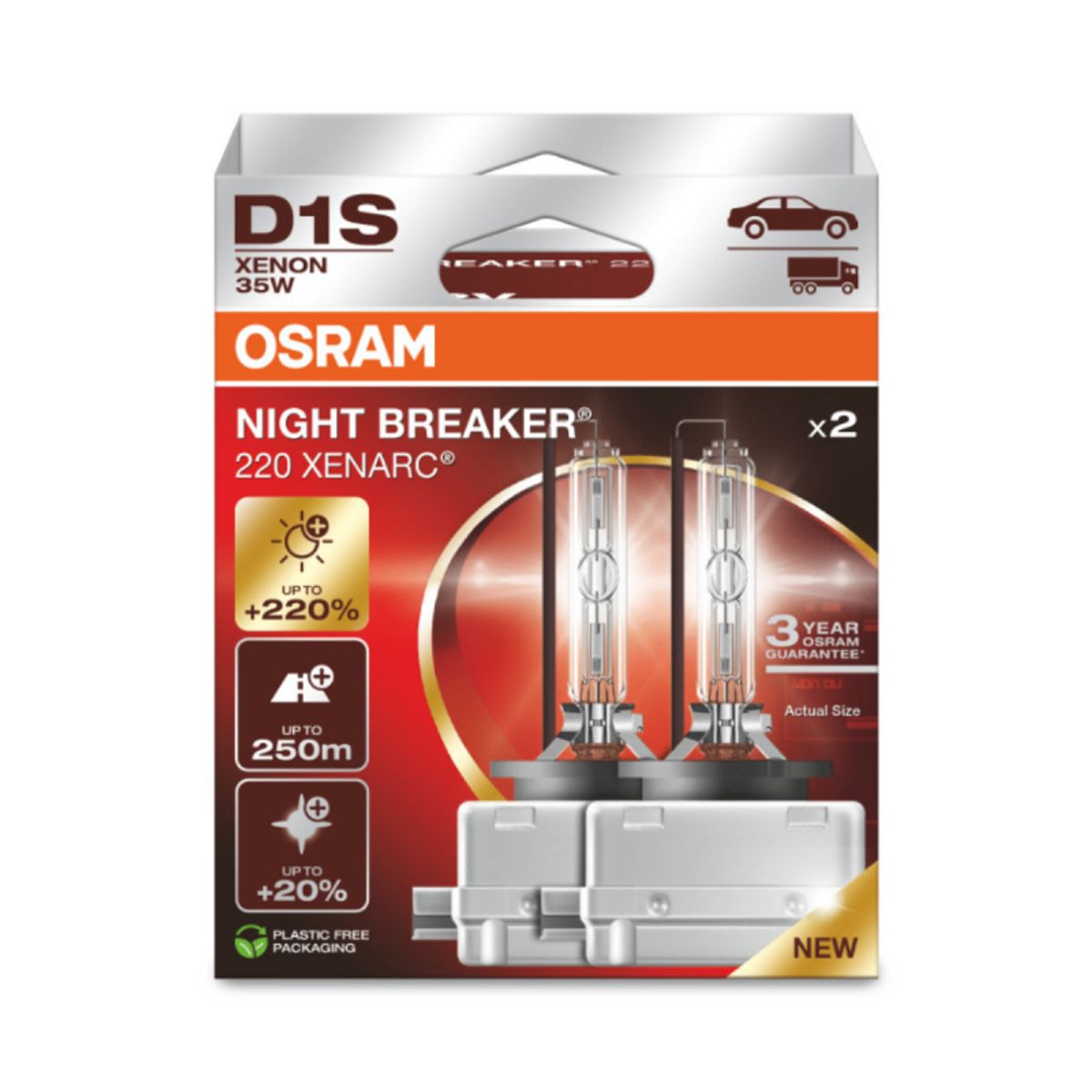 Osram D1S Night Breaker Xenon pære +220% mere lys (2 stk pakke)