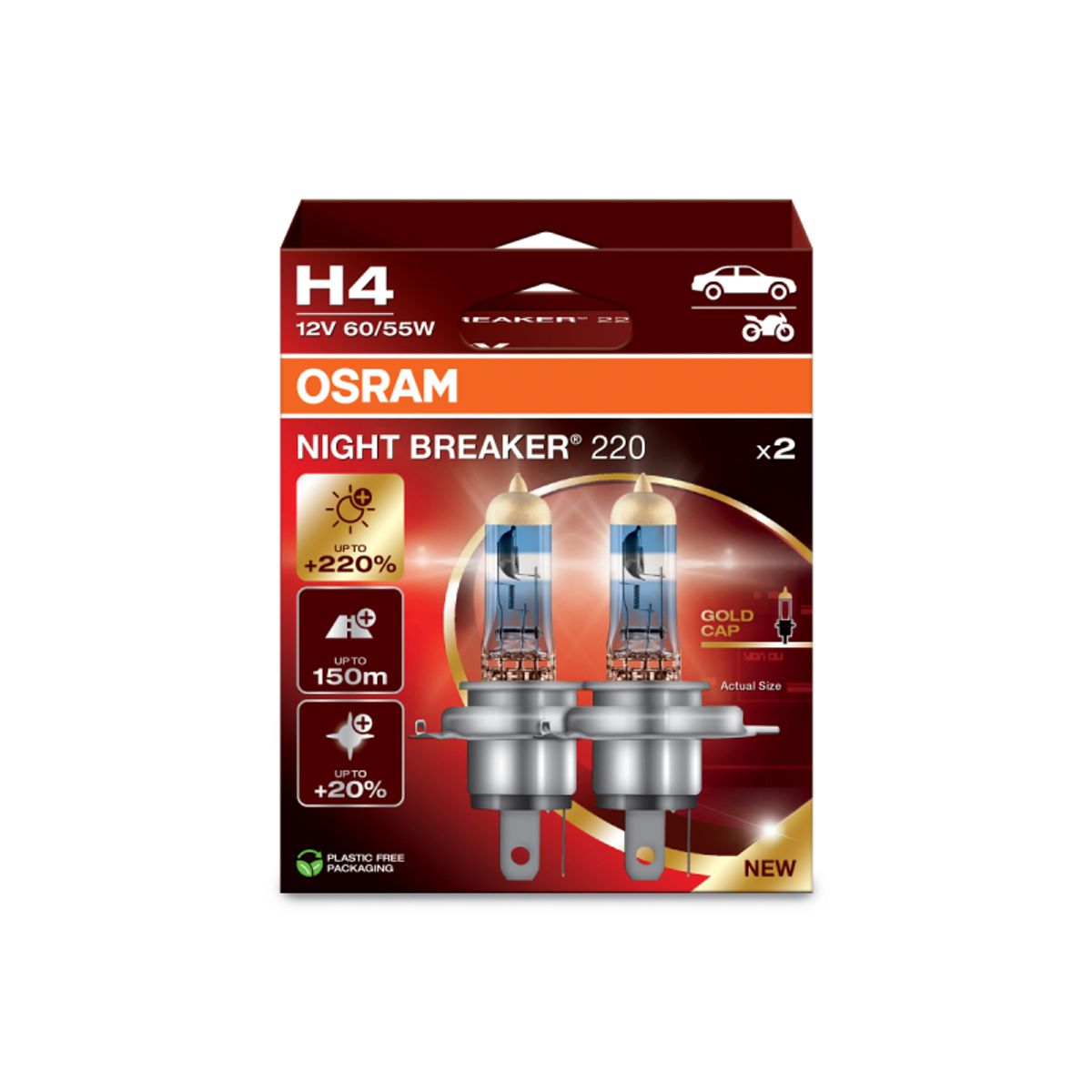 Osram Night Breaker ® 220, H4 pærer +220% mere lys (2 stk)