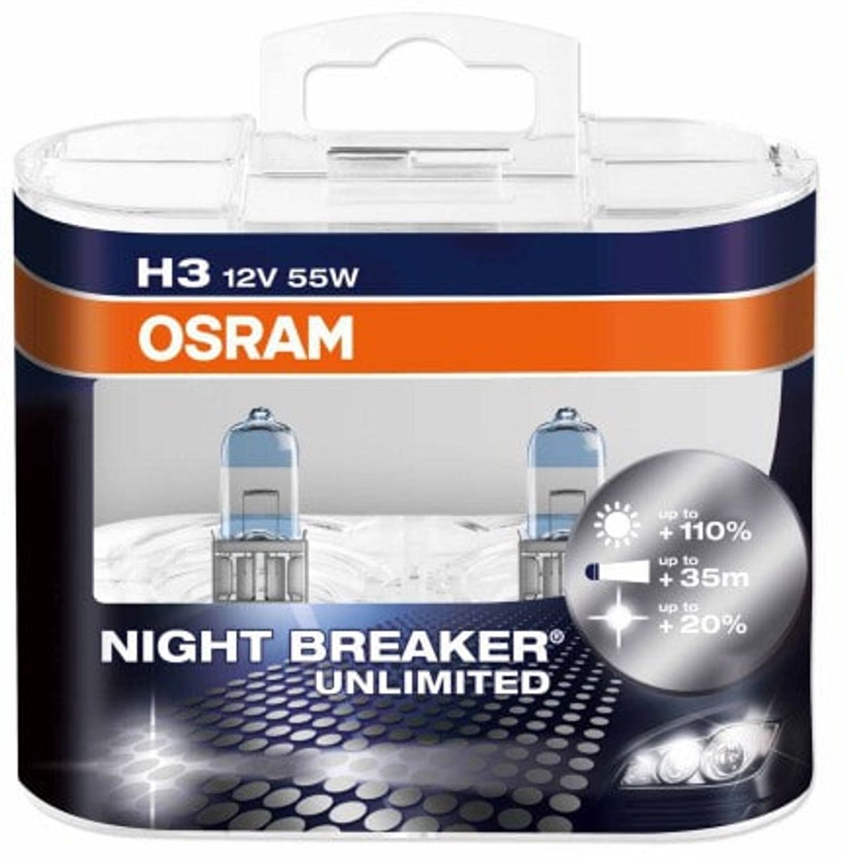 Osram Night Breaker Unlimited H3 pærer +110% mere lys (2 stk) pakke