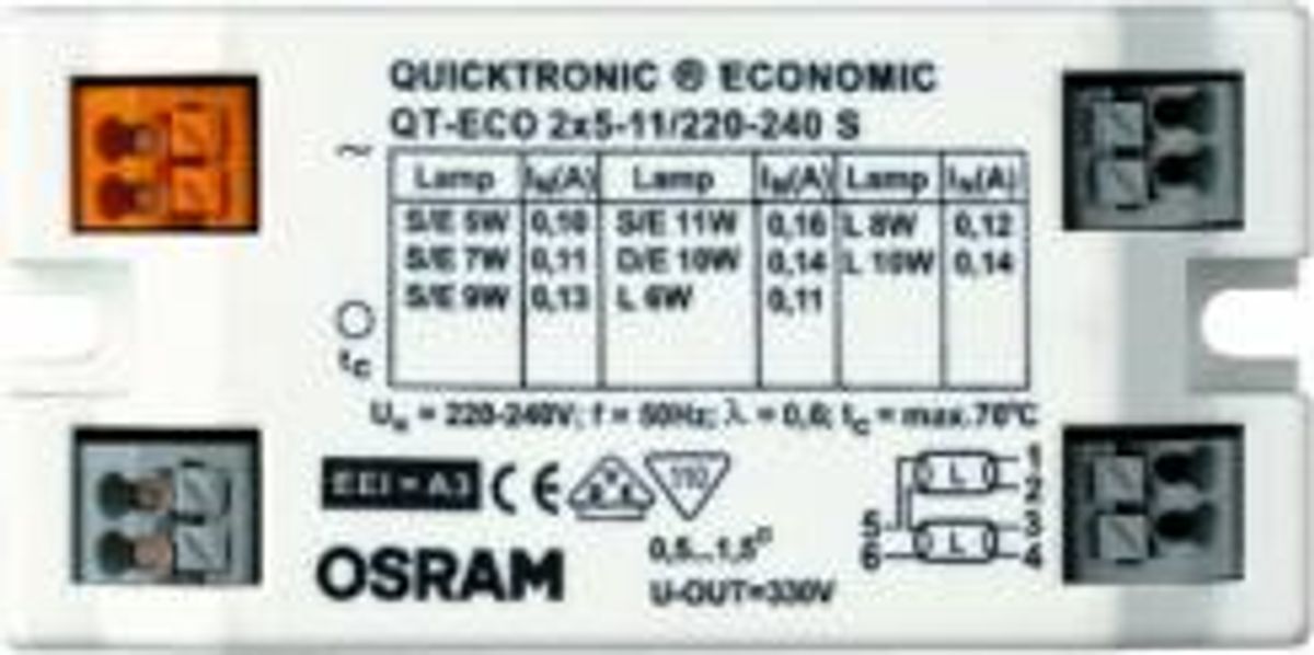 Osram Quicktronic QT-ECO 2x5-11W, 230-240V, Forkobling elektronisk spole