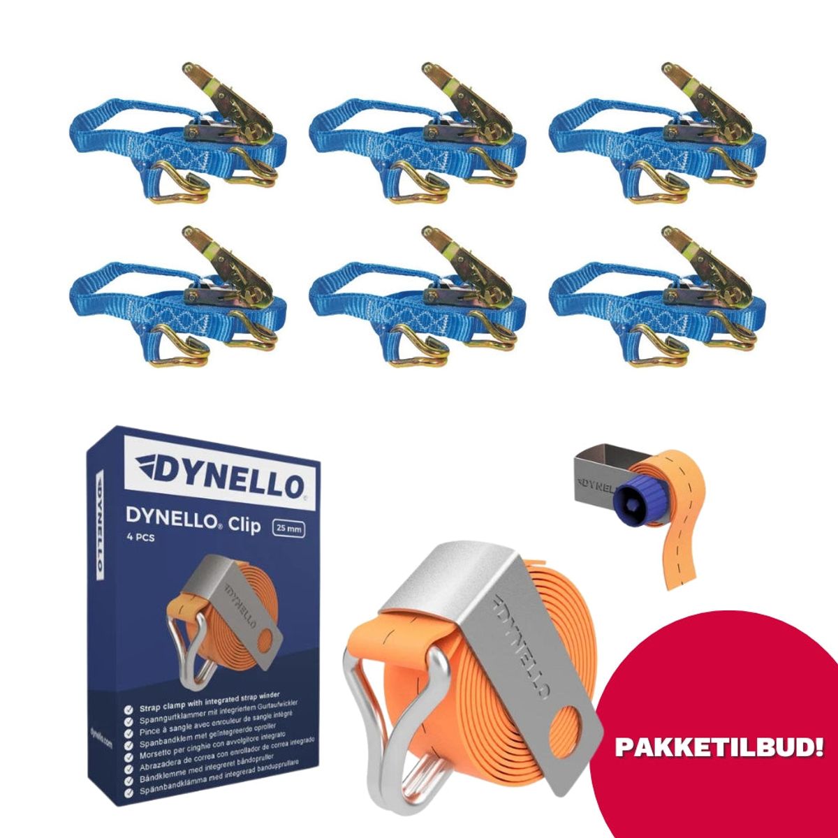 Pakketilbud - 25 mm Surringspakke 6 x 25 mm Surringer + Dynello Clip&trade; 25mm - 4 Stk. + Båndopruller