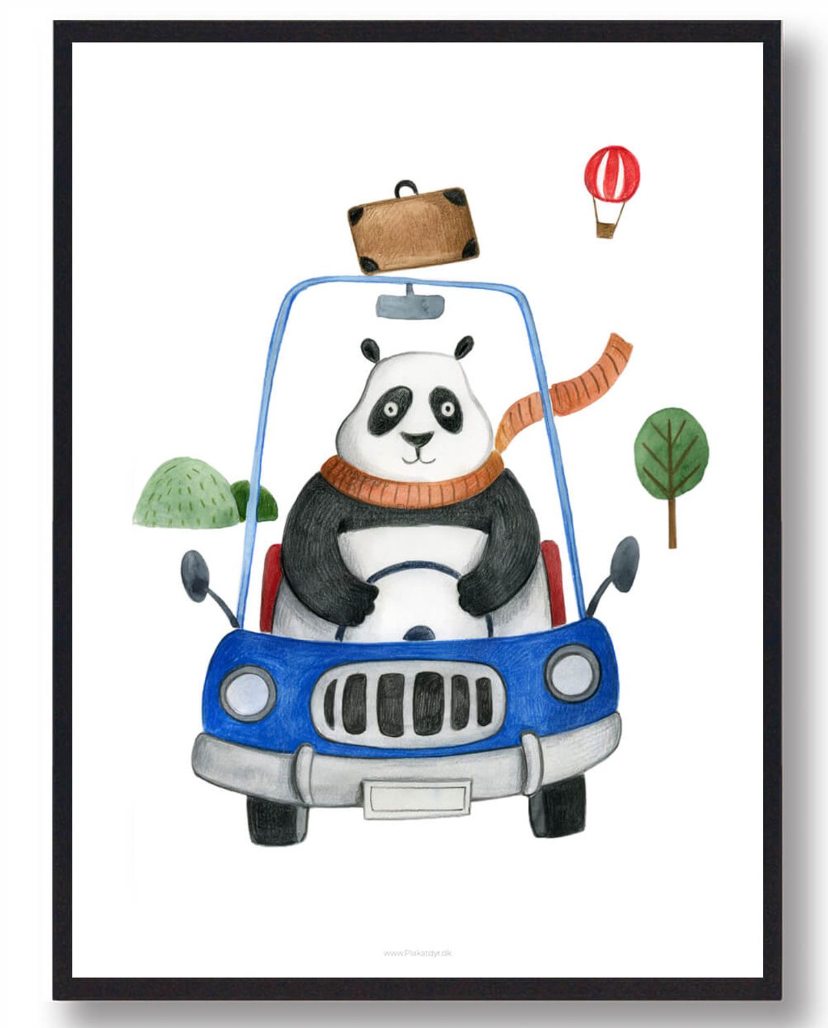 Panda i bil - håndtegnet plakat (Størrelse: L - 50x70cm (B2))