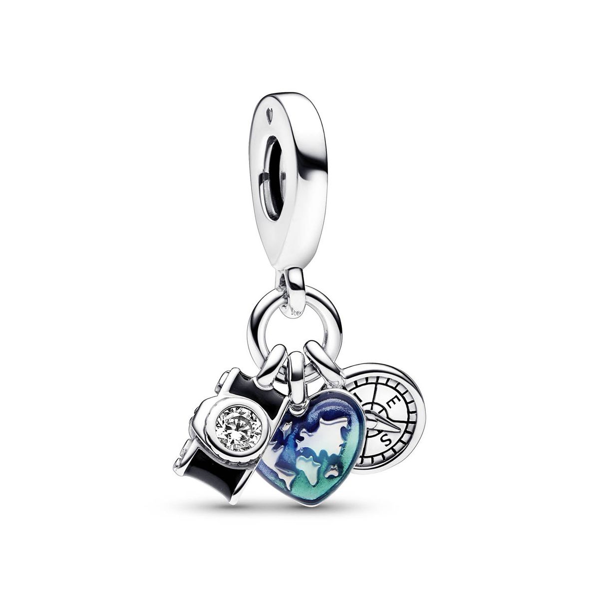 Pandora - Camera, Heart & Compass dangle charm Sølv sterlingsølv