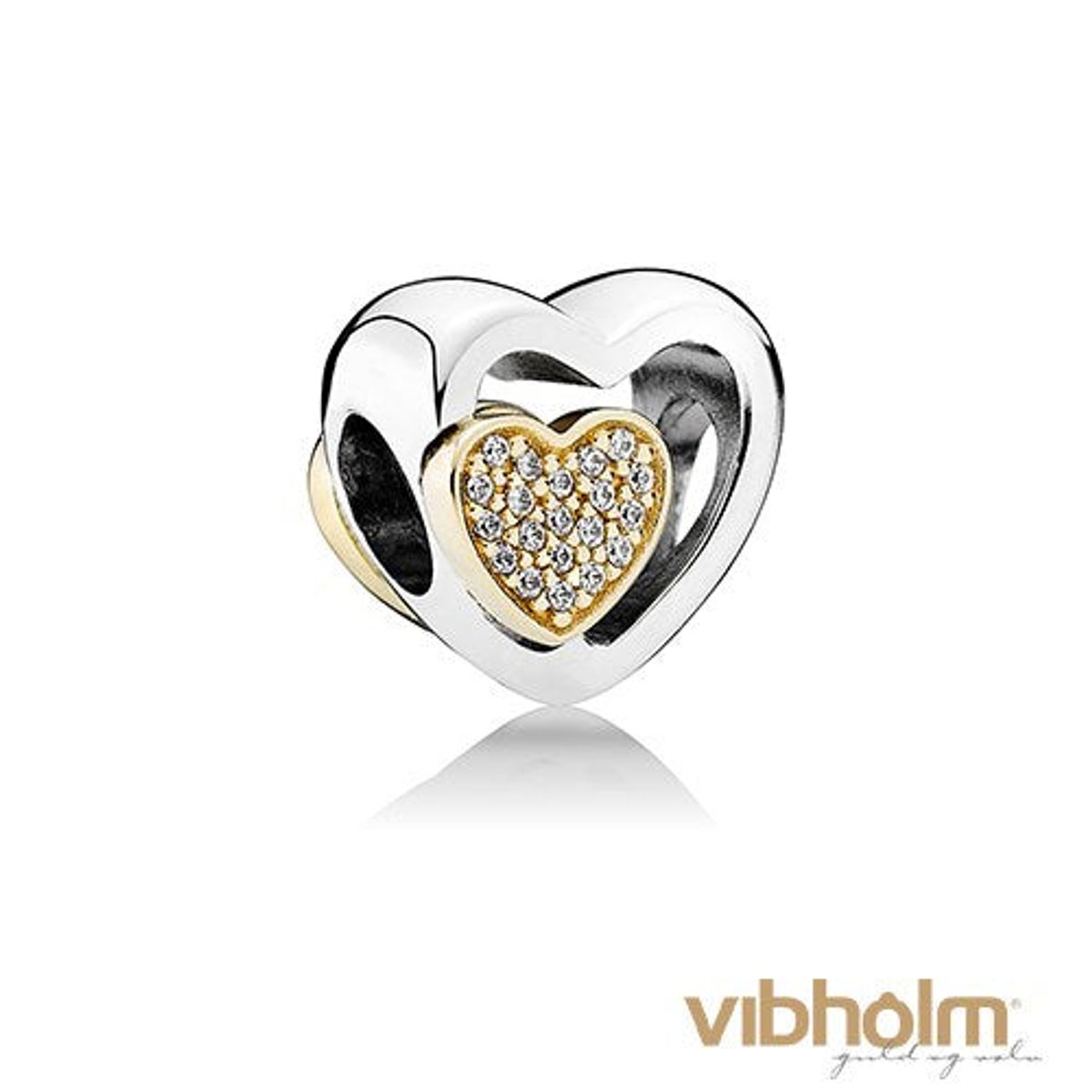 Pandora - Two Hearts In One Charm sterlingsølv og 14 karat guld 791806CZ