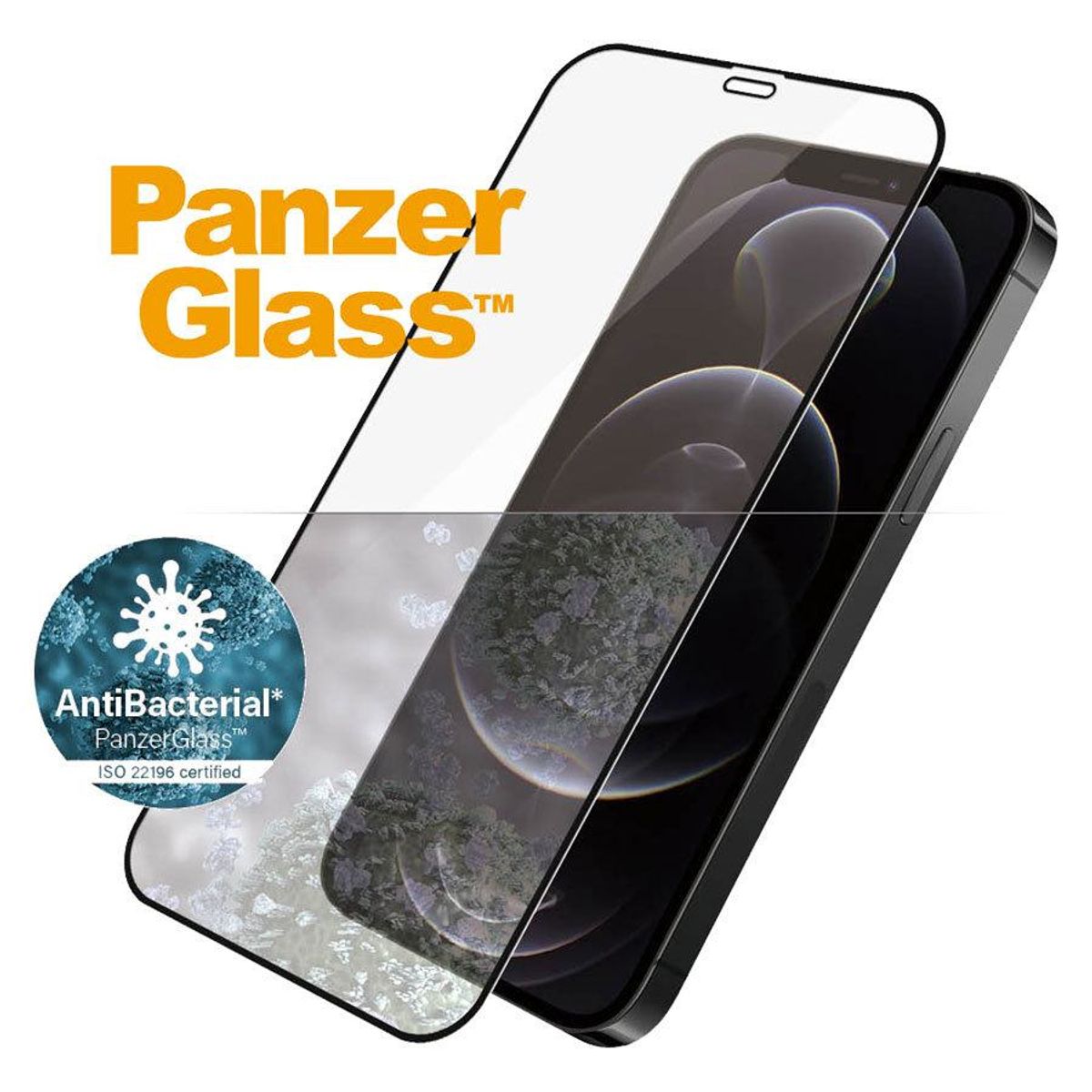 PanzerGlass iPhone 12/12 Pro AntiBacterial Skærmbeskyttelse, Sort Kant