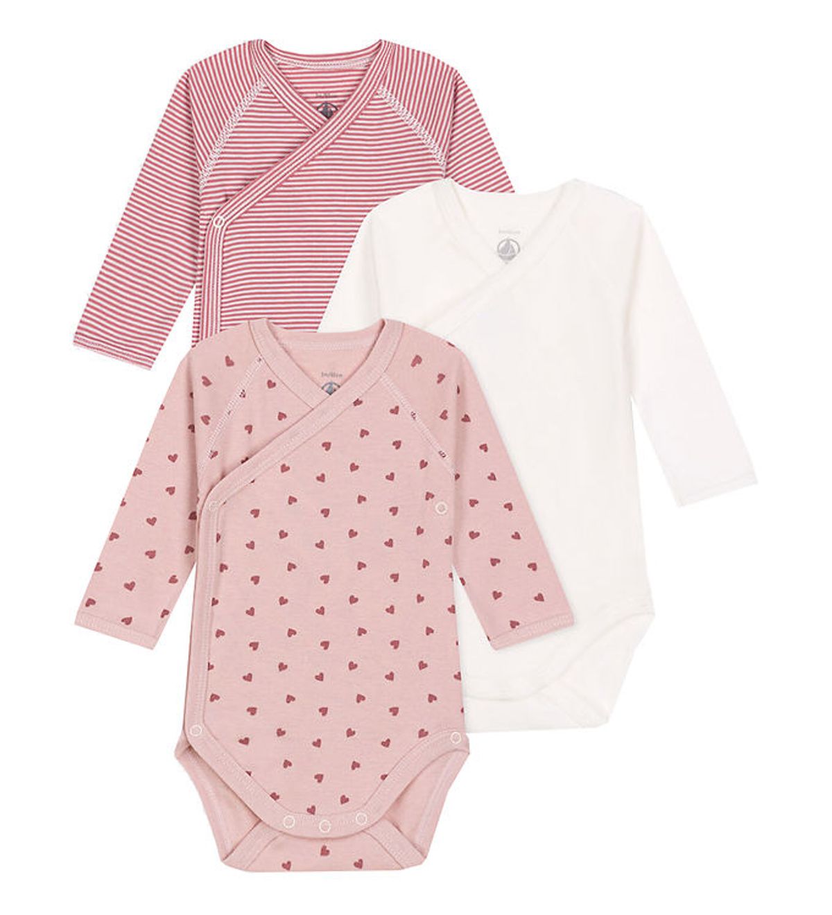 Petit Bateau Slå om Body l/æ - 3-pak - Rosa/Rød/Hvid