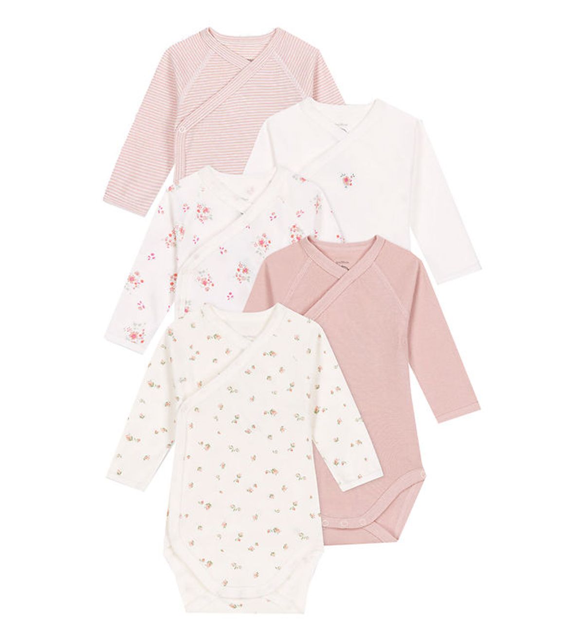 Petit Bateau Slå om Body l/æ - 5-pak - Hvid/Rosa