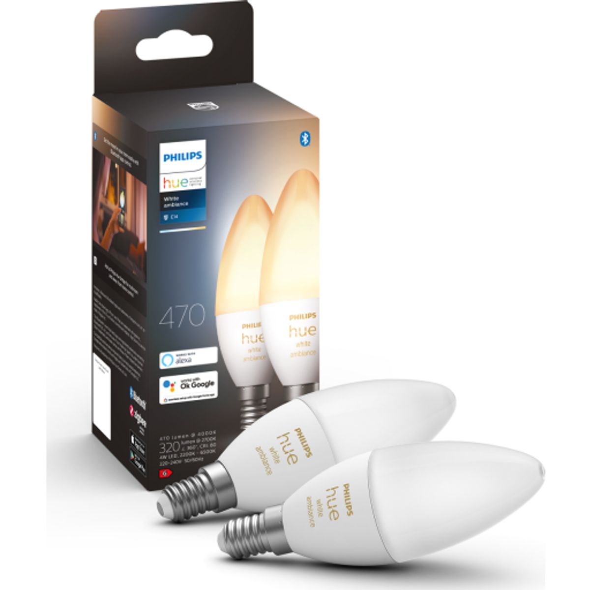 Philips Hue White Ambiance E14 kertepære, 2200K-6500K, 4W, 2-pak