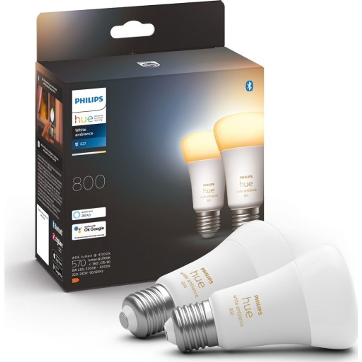 Philips Hue White Ambiance E27 standardpære, 2000K-6500K, 9W, 2-pak