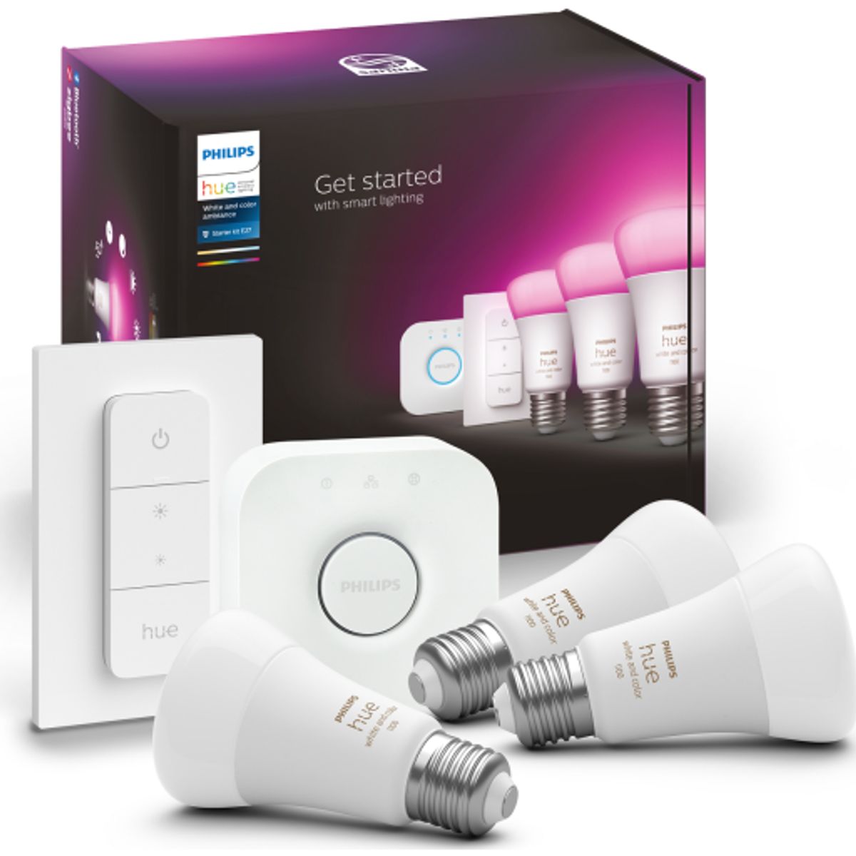 Philips Hue White Color Ambiance E27 standardpære, startpakke med dimmer