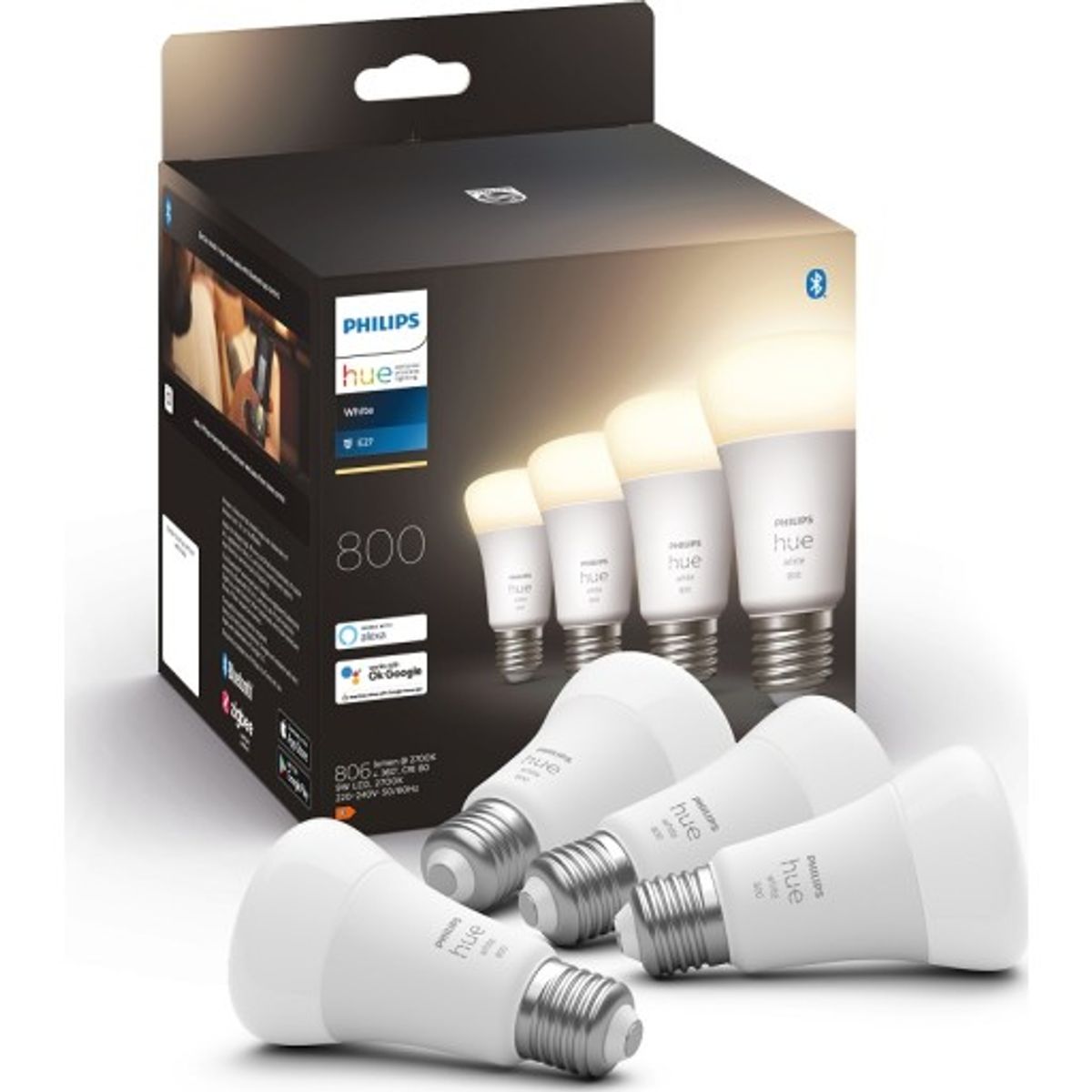 Philips Hue White E27 standardpære, 2700K, 9W, 4-pak