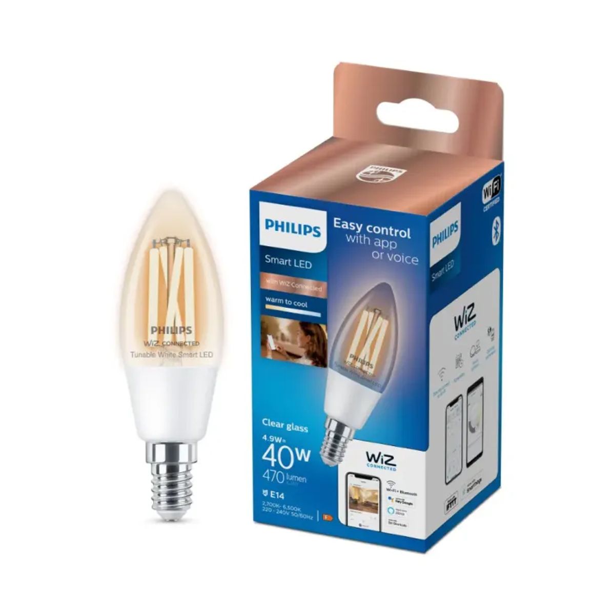 Philips Smart LED Tunable white - Filament kerte E14, klar