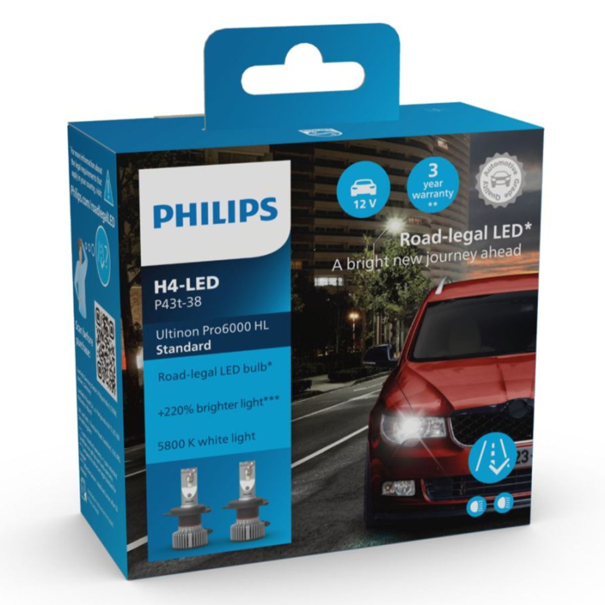 Philips Ultinon Pro6000 H4 Standart HL LED +220% mere lys (2 stk.)