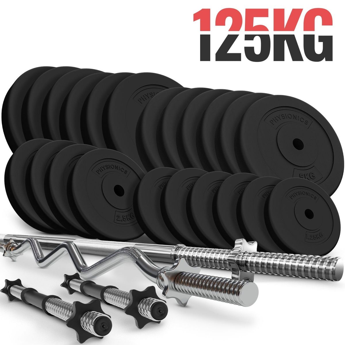 Physionics ® håndvægtsæt - 125 kg sæt, vægtstang (165 cm, Ø30 mm, stjernebeslag), 2 håndvægte (45 cm, justerbar), med SZ curlstang