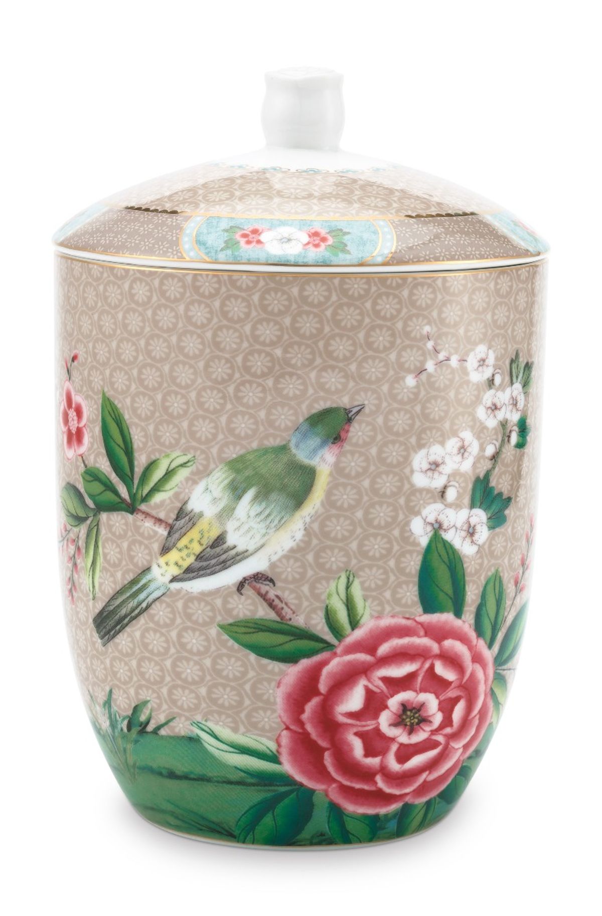 Pip Studio porcelæn Blushing Birds stor krukke M/låg Khaki 1.5 ltr