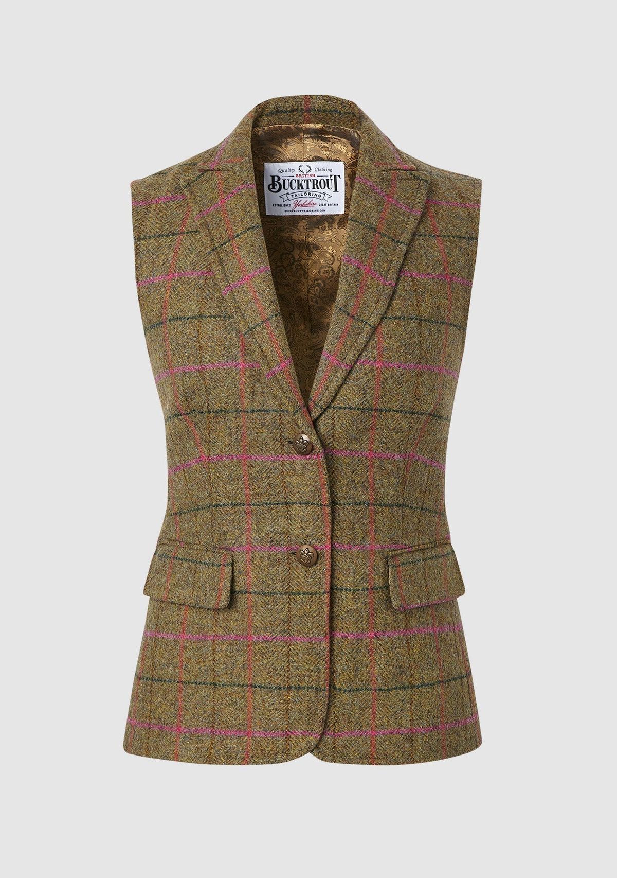 Pippa Waistcoat Yorkshire Tweed, gulgrøn med pink tern - 10 (S)