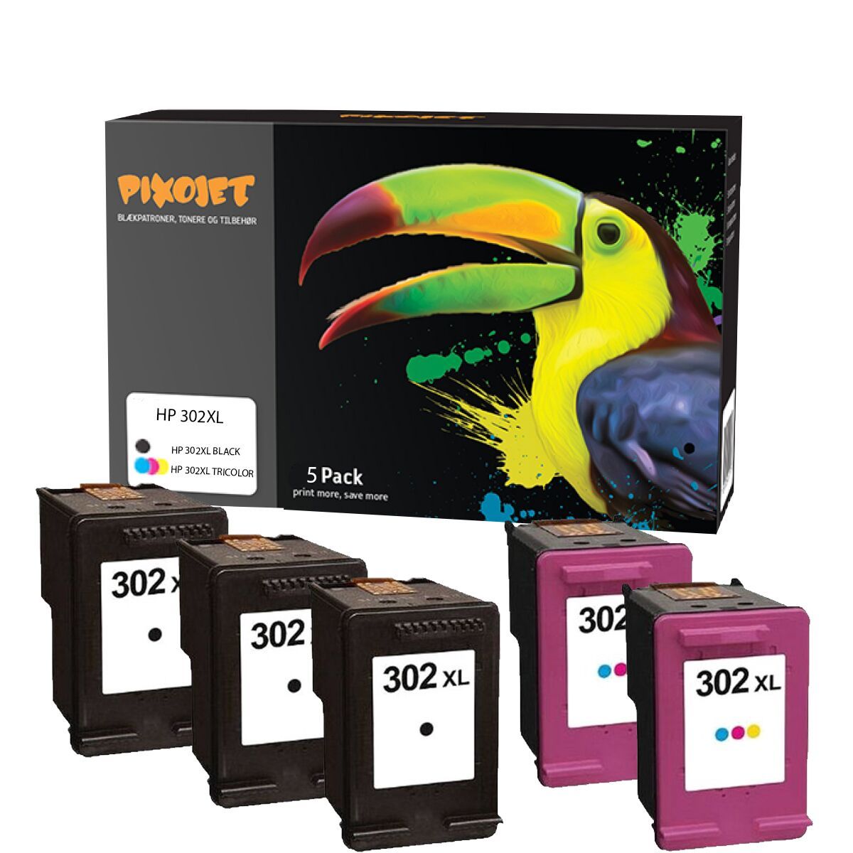 Pixojet blækpatroner HP 302 XL - X4D37AE, 5 stk. rabatpakke 100 ml