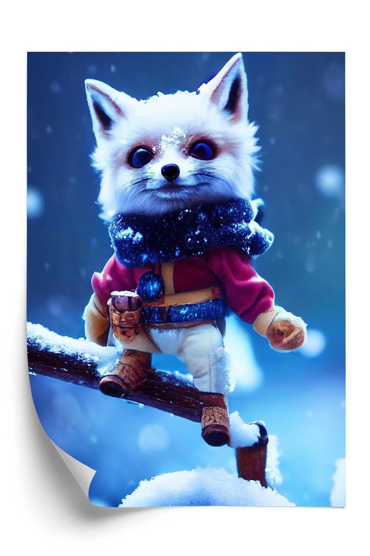 Plakat - A cute character of a white snow fox standing on a branch