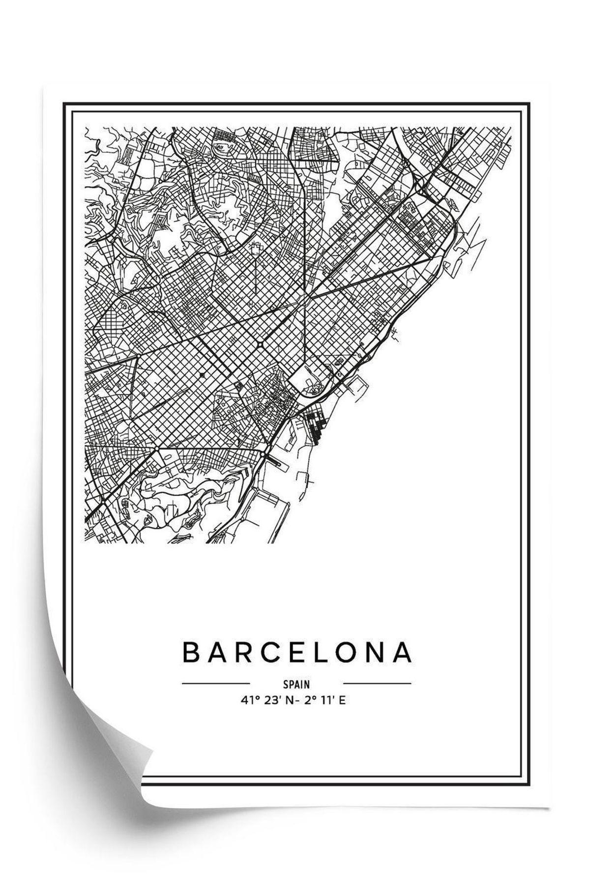 Plakat - Barcelona bykort i sort og hvid