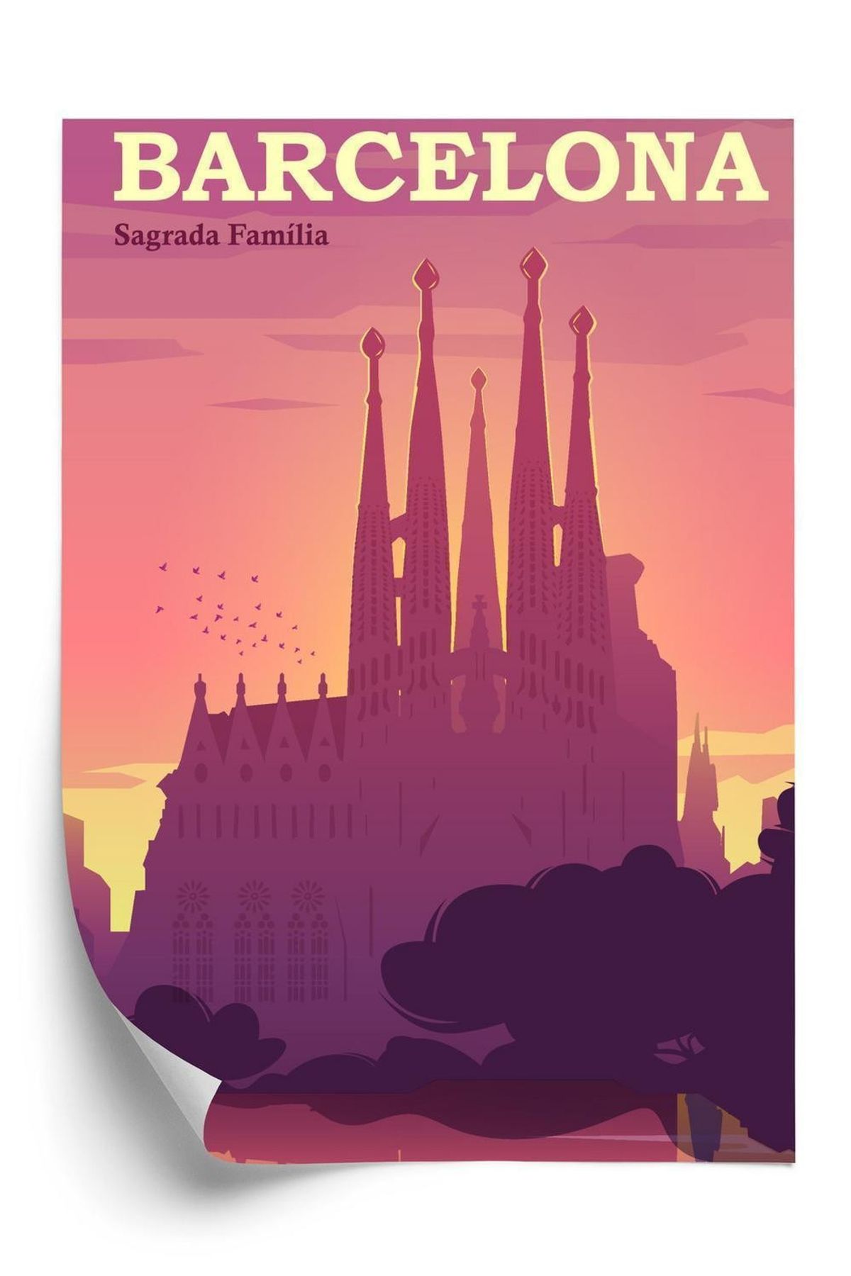 Plakat - Barcelona sagrada familia pink illustration ved solnedgang