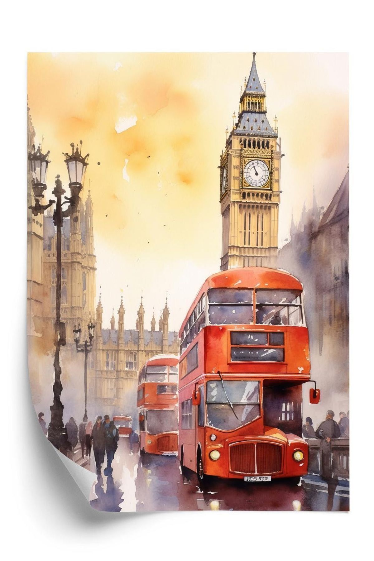 Plakat - Bus og big ben i akvarel london