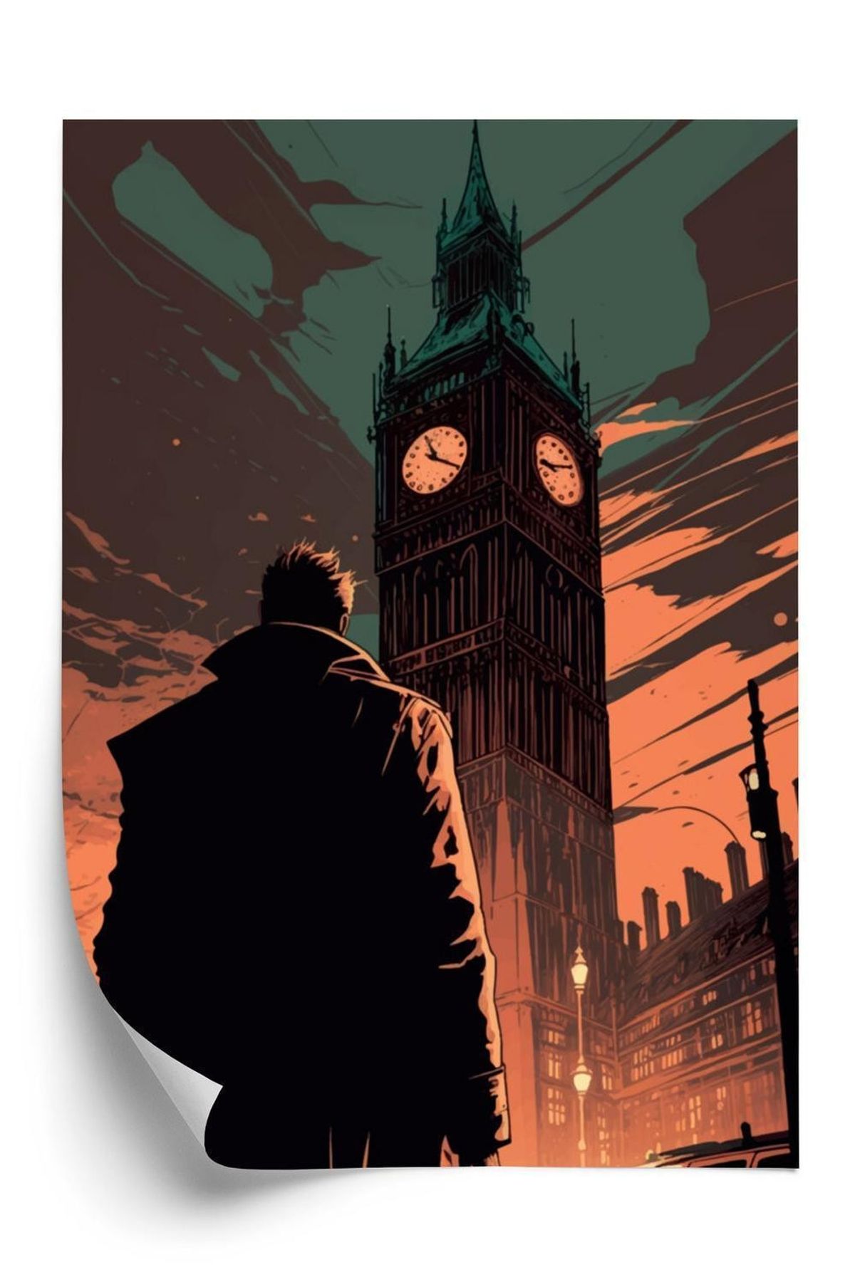 Plakat - En mand og big ben i tegneseriestil