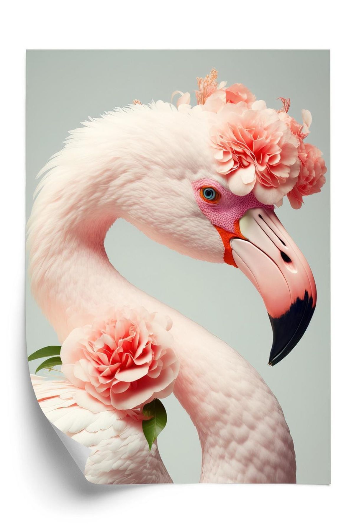 Plakat - Flamingo med blomster på hovedet