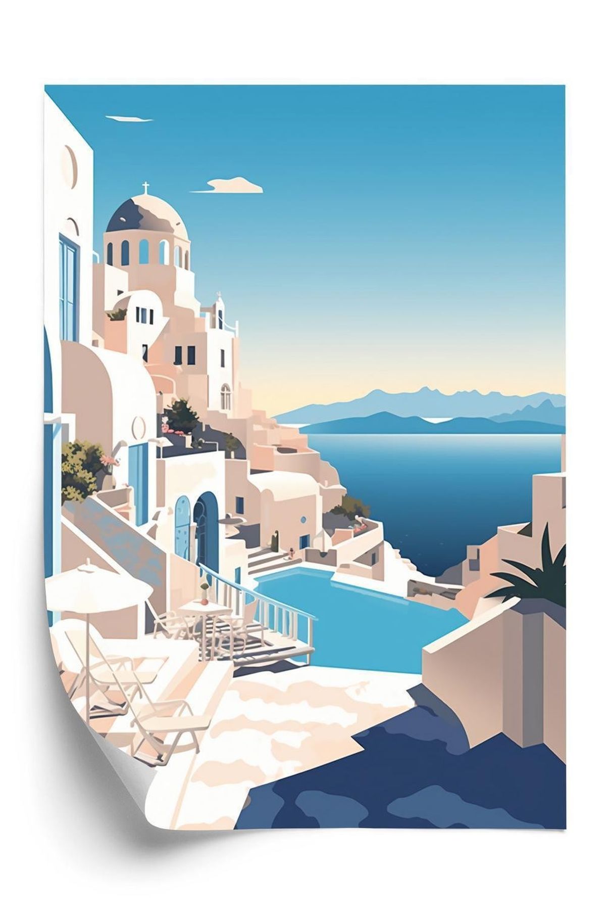 Plakat - Græsk arkitektur i santorini og blåt hav