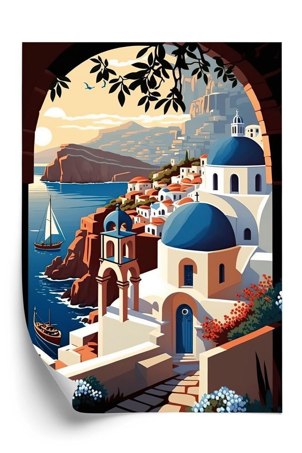 Plakat - Illustration af den græske arkitektur på santorini