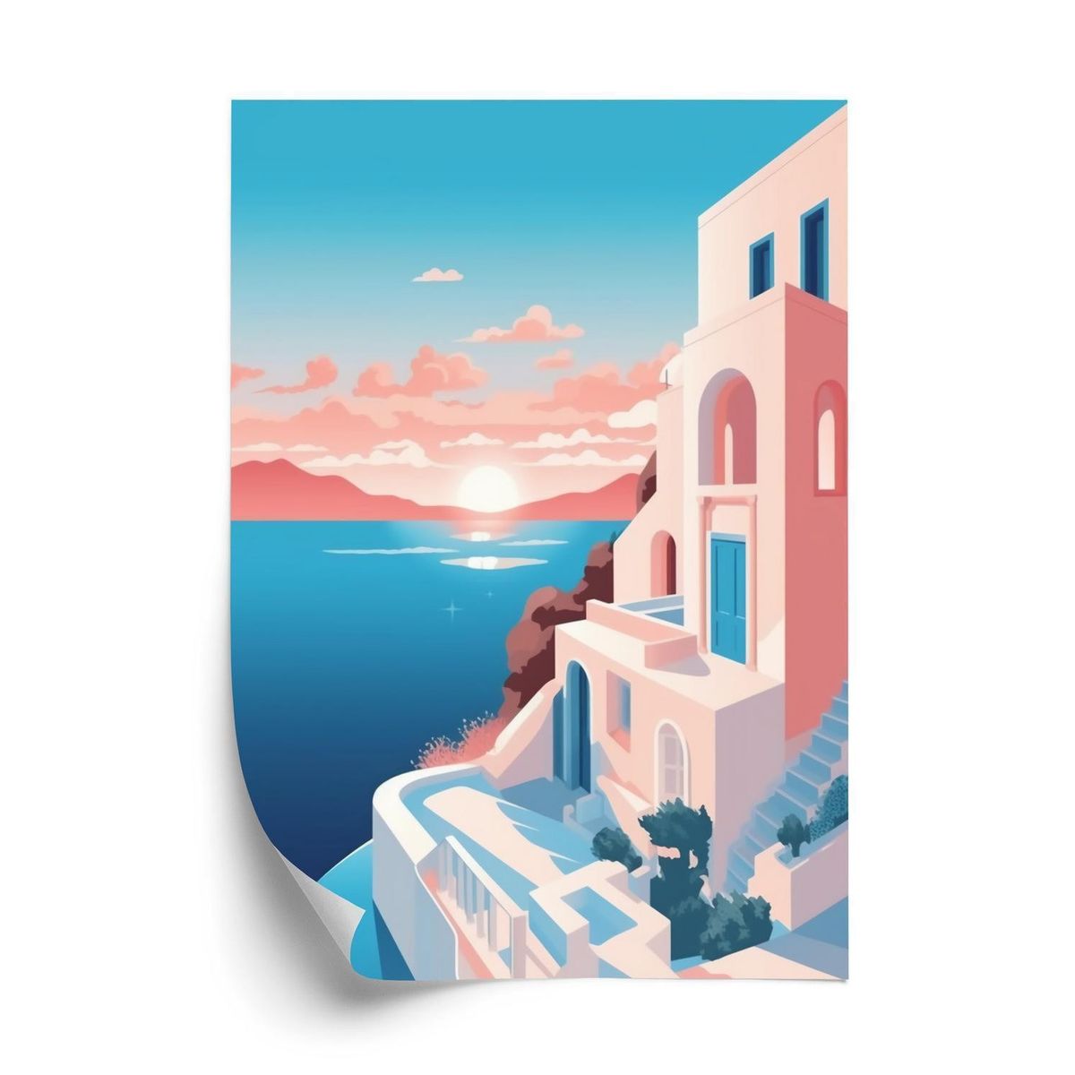 Plakat - Illustration med en solnedgang i santorini