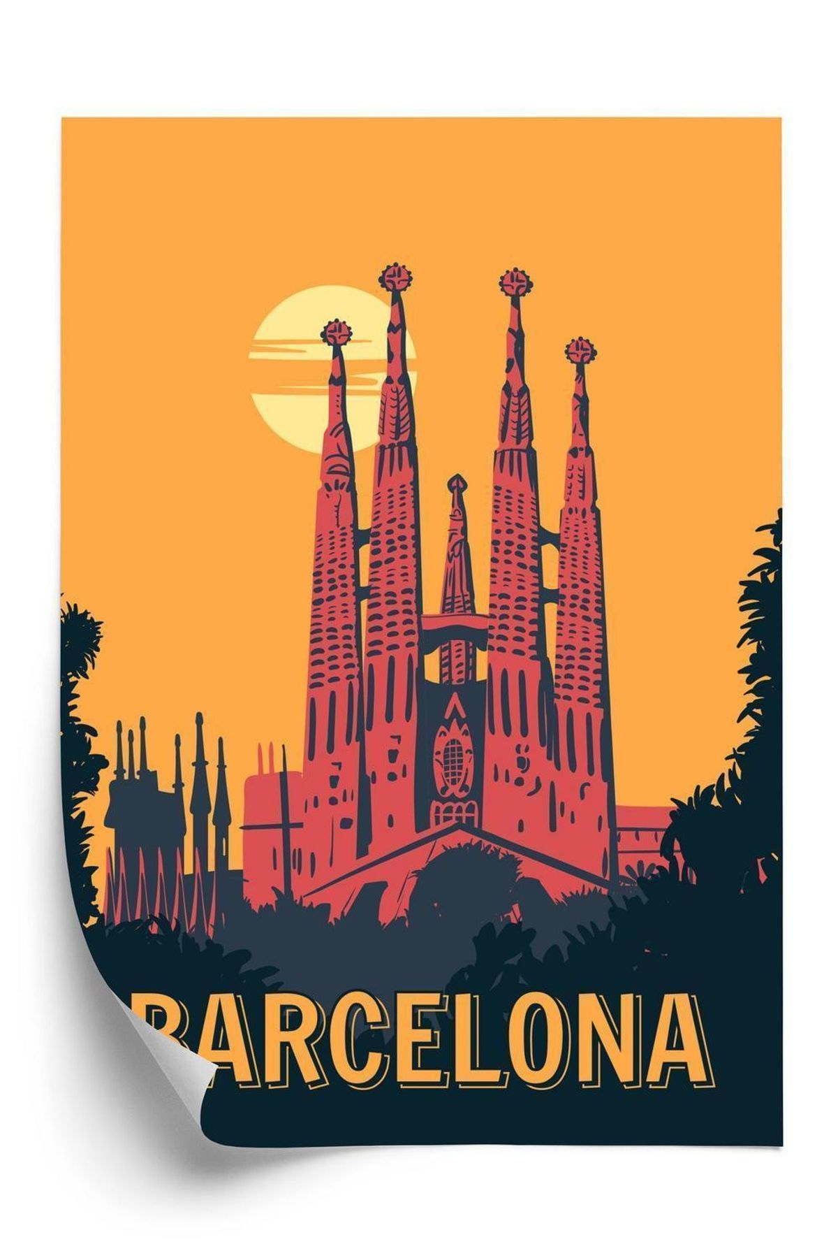 Plakat - Kirke i barcelona ved solnedgang i vintage stil