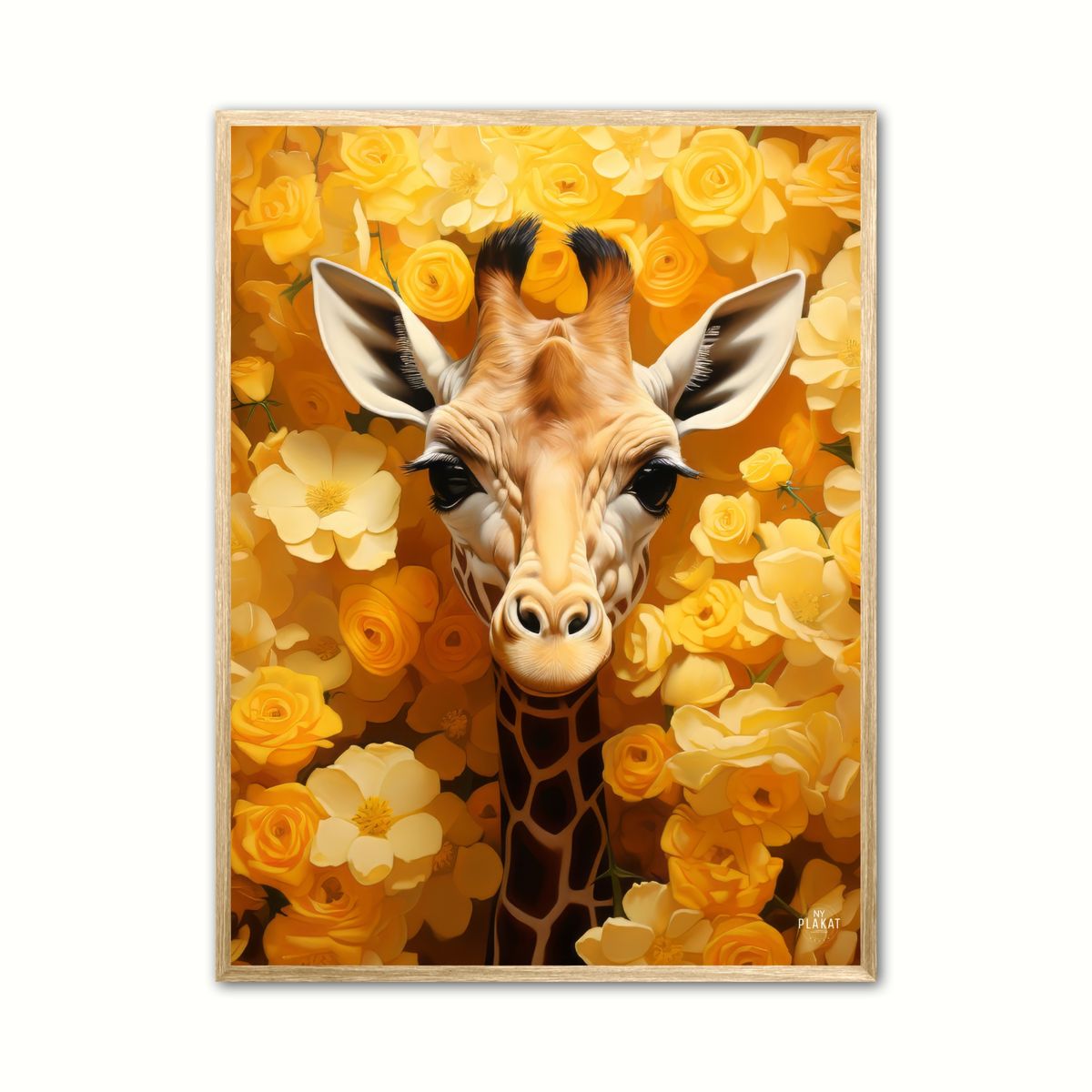 Plakat med Giraffens Gule Blomsterparadis - Giraf Plakat 12 30 x 40 cm