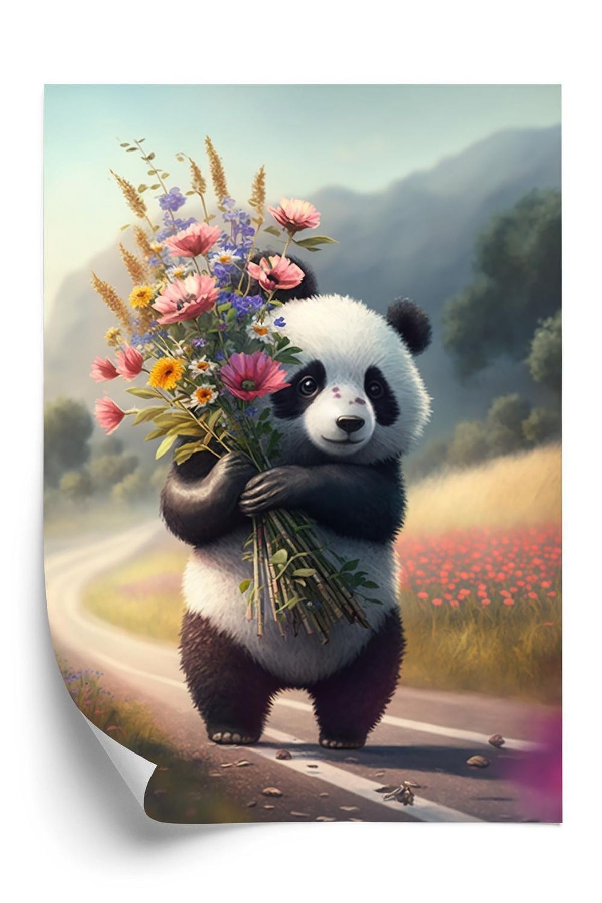 Plakat - Panda holder blomster